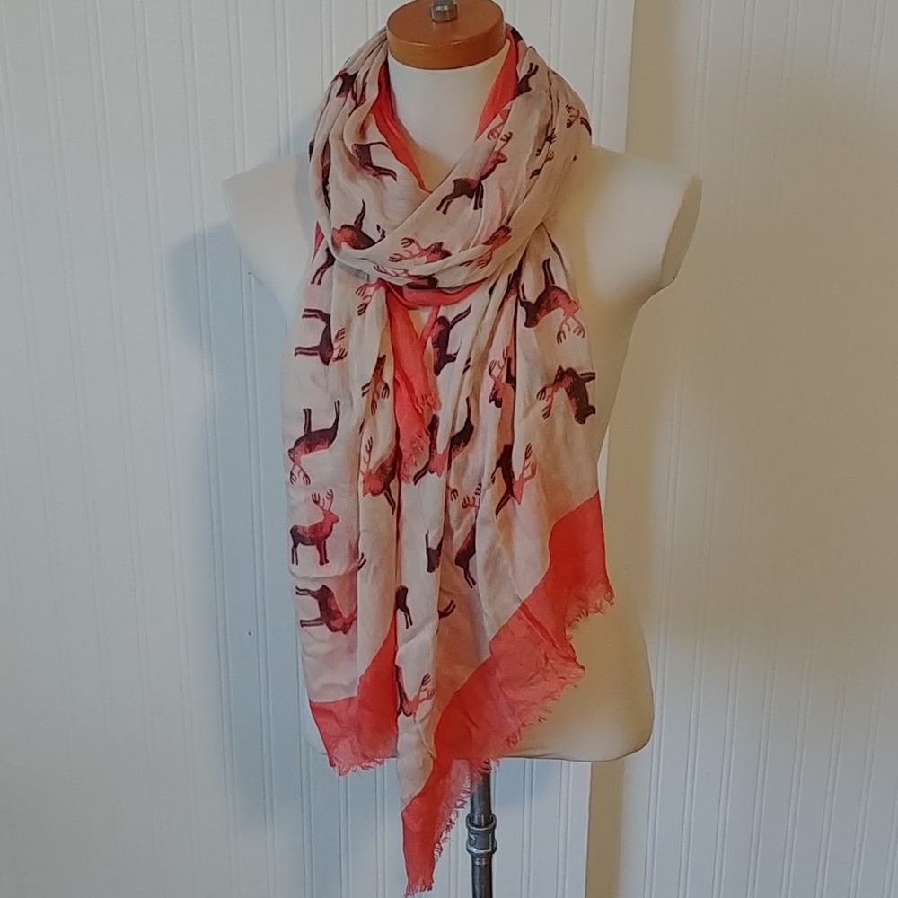 Coral and cream lightweight deer pattern scarf